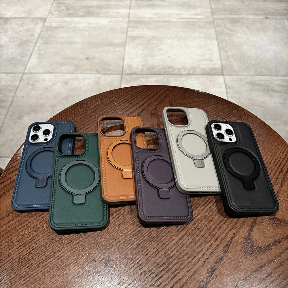 PU Leather Magnetic Case for Apple iPhone 17 Air 16 15 14 13 12 Pro Max With Foldable Ring Kickstand Stand for Magsafe Charger
