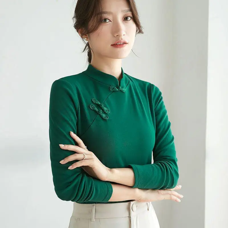 Trung Quốc Mới Phong Cách Lớp Lông Lót Nữ Phương Đông Retro Cổ Áo Đứng Thu Đông Top Cotton Tay Dài Nút Sườn Xám P1