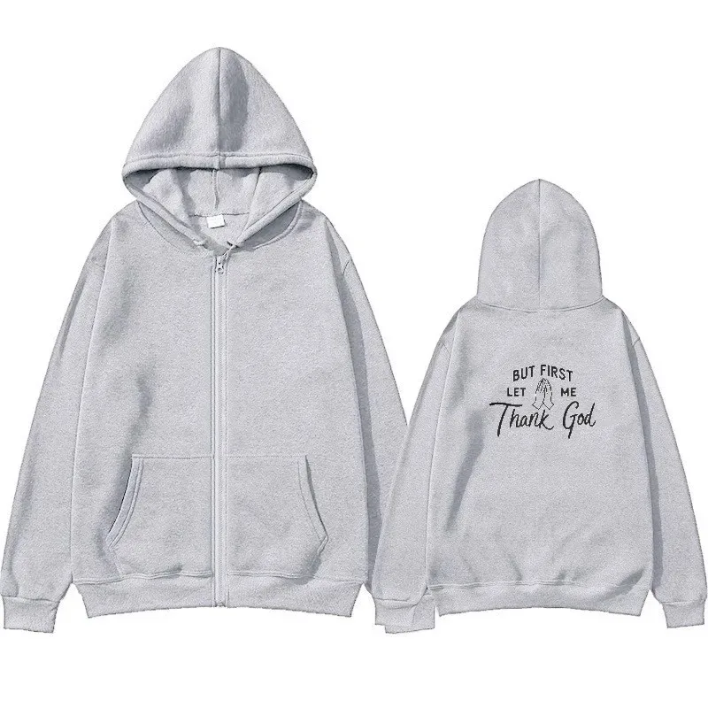 سترة رجالية بغطاء للرأس مطبوعة باللون الأسود ولكن أولاً دعني شكرًا الله بتصميم نصي كاجوال ملابس الشارع للارتداء اليومي #4