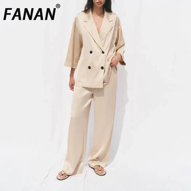 

FANAN женский темпераментный комплект из 2 предметов, двубортный свободный пиджак + эластичные широкие брюки с высокой талией, мода, новинка лета 2023 г.