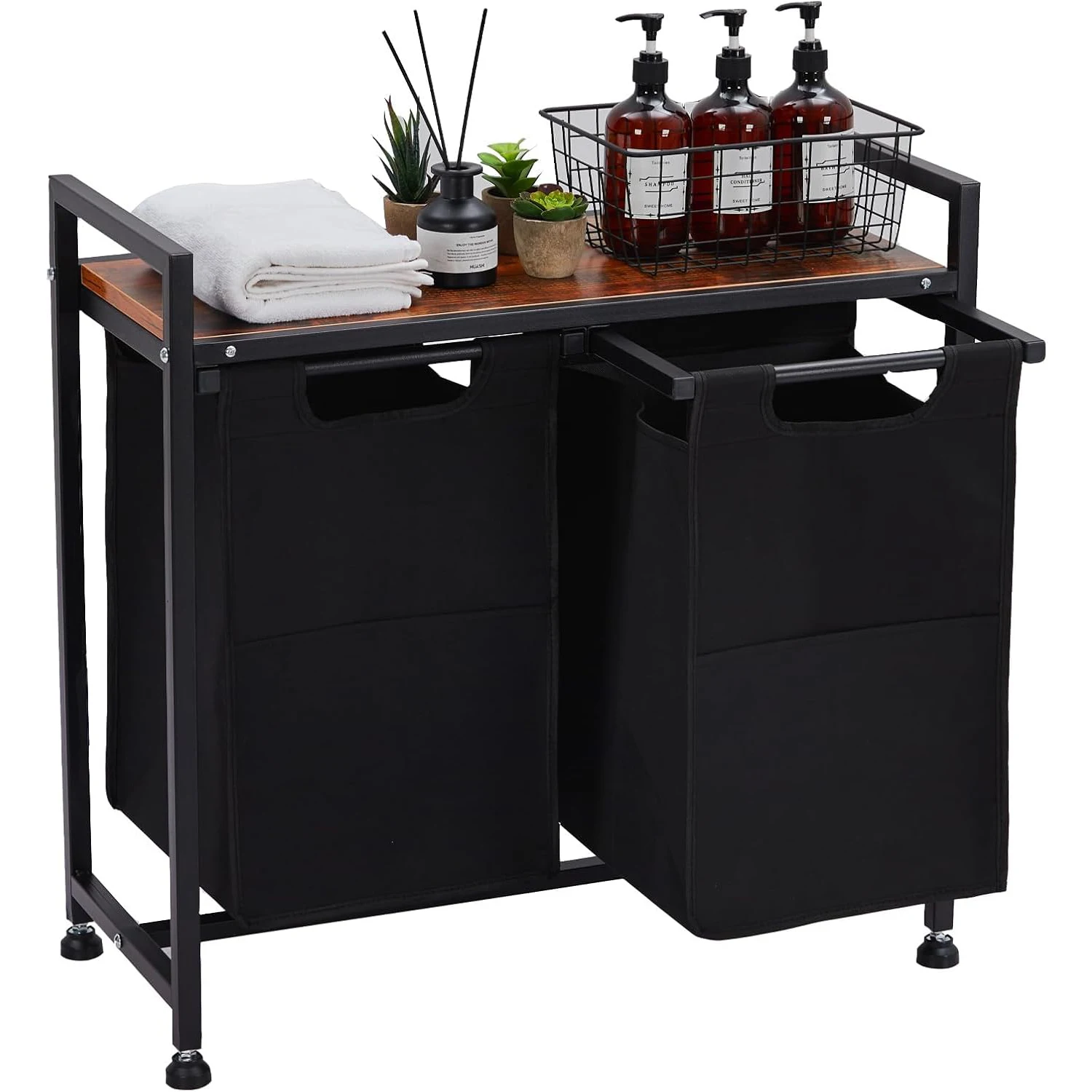 

2-Bag Laundry Hamper with Pull-Out Bags Wooden Shelf Oxford Fabric Laundry Sorter with Metal Frame Removable Basket for Bathroom