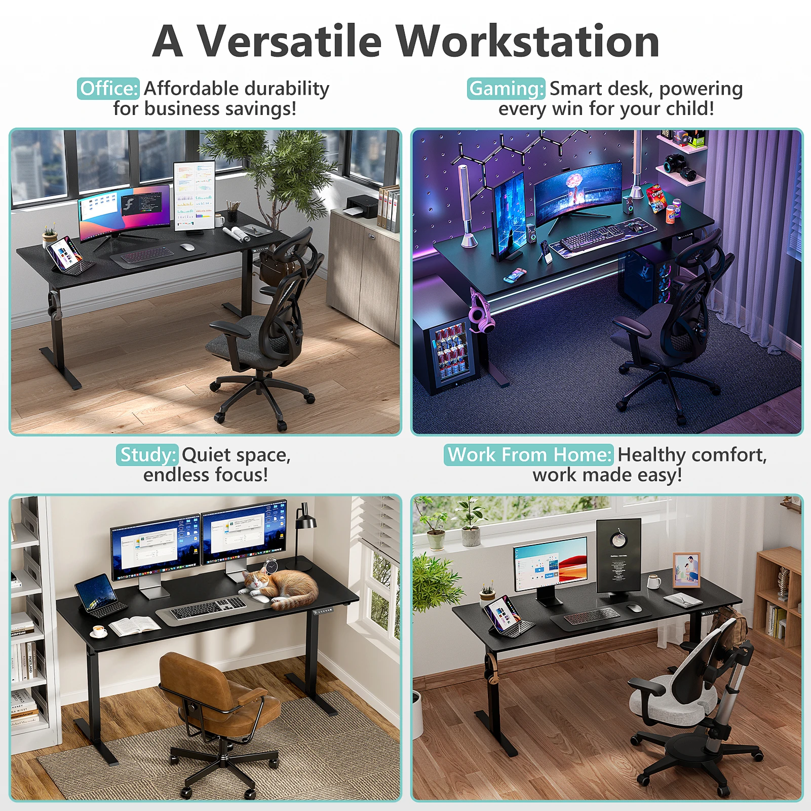 VVENACE Mesa elétrica de pé com altura ajustável, 55 polegadas, 4 memória, altura ergonômica, mesa de pé para escritório doméstico