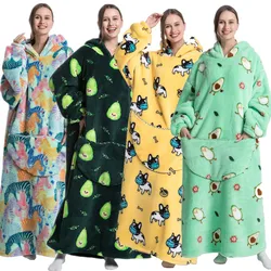 Super Long Oversized Winter Sherpa Blanket Plush Flannel Warm Family Matching Hoodie Christmas Homewear Avocado Women Sweatshirt