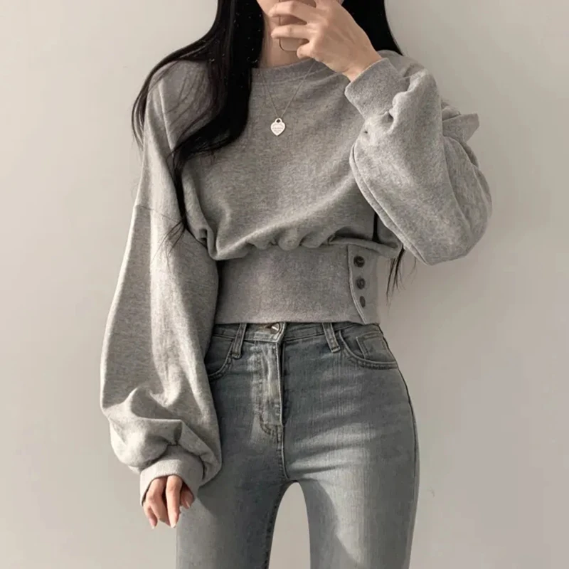 

Chic Lantern Sleeve Crop Sweatshirt Women Korean Casual Slim Solid Hoodies Female Autumn Winter All Match Pullover Tops