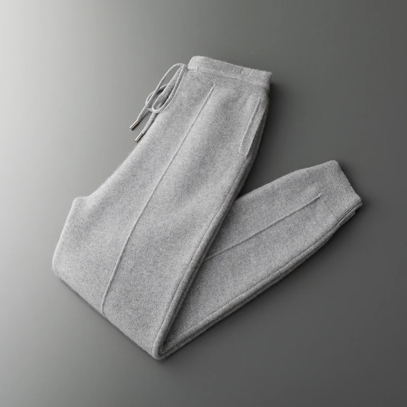 خريف/شتاء الرجال 100% الصوف الخالص شقة سميكة لباس خارجي محبوك السراويل بلون الكشمير السراويل