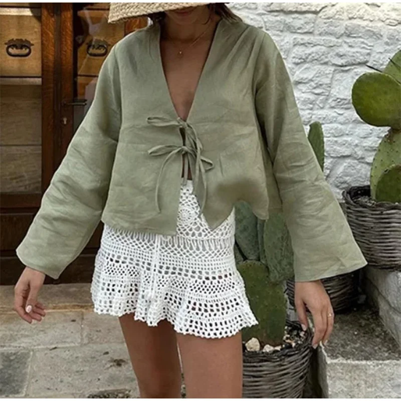 2024 Summer New Designer Fashion Linen Lace up Bow Sexy Shirt Women Exquisite Casual V Neck Hollow out Long Sleeve Tops  Cardiga