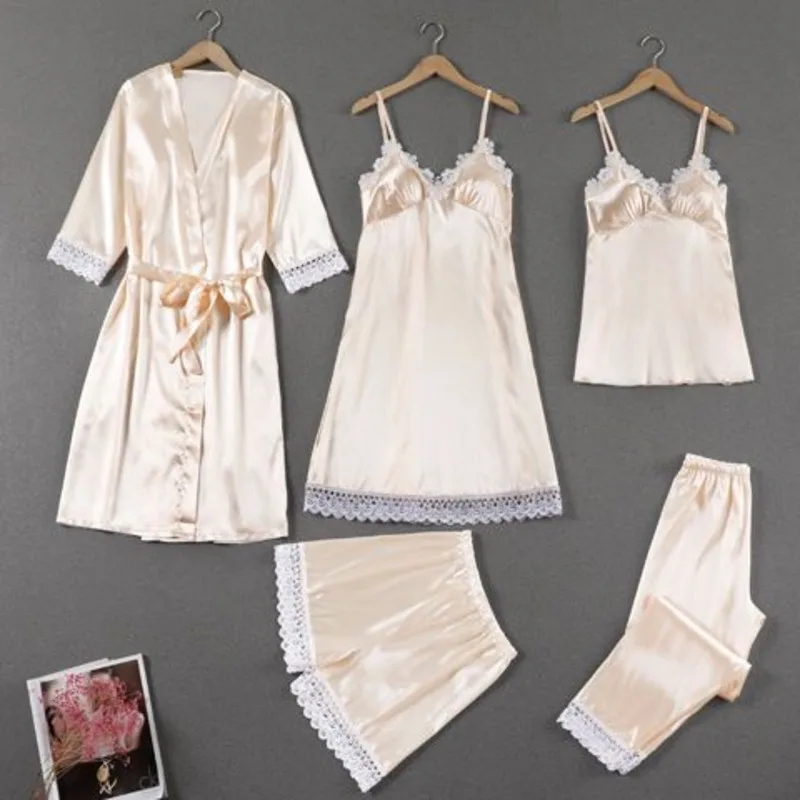 5 Piece Set Pajamas With Chest Cushion Women Autumn Summer Pajamas Ice Silk Sexy Lingеrie Set Pijama Skirt Sleepwear Clothes New