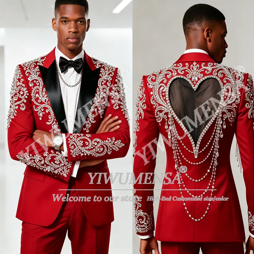 

High-end Design Men Suits 2 Pieces Sets Crystal Diamond Wedding Groom Tuxedo Attire Male Prom Blazers Customized Costume Homme