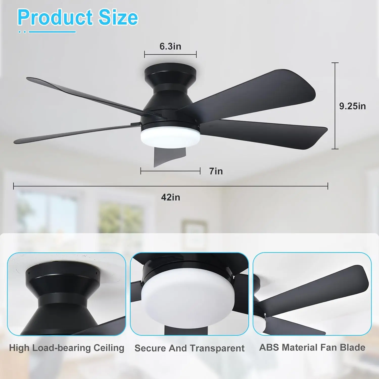 42-Inch Ceiling Fan with Light, Dimmable Low Profile Flush Mount, 6 Speeds Remote Control, Reversible Blades for Bedroom Indoor