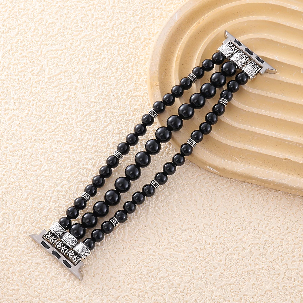 Loose Round Black Stones Watchband Elastic Beaded Smartwatch Straps For 38mm to 49mm Dial Plate Easily Install Switch