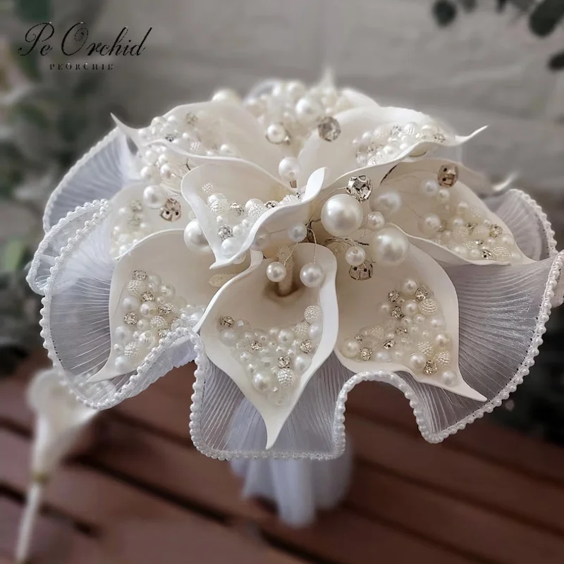 

PEORCHID Handmade Ivory Bling Crystal Wedding Bouquet For Bride Elegant Faux Calla Llily Flowers Pearl Bridal Bouquet