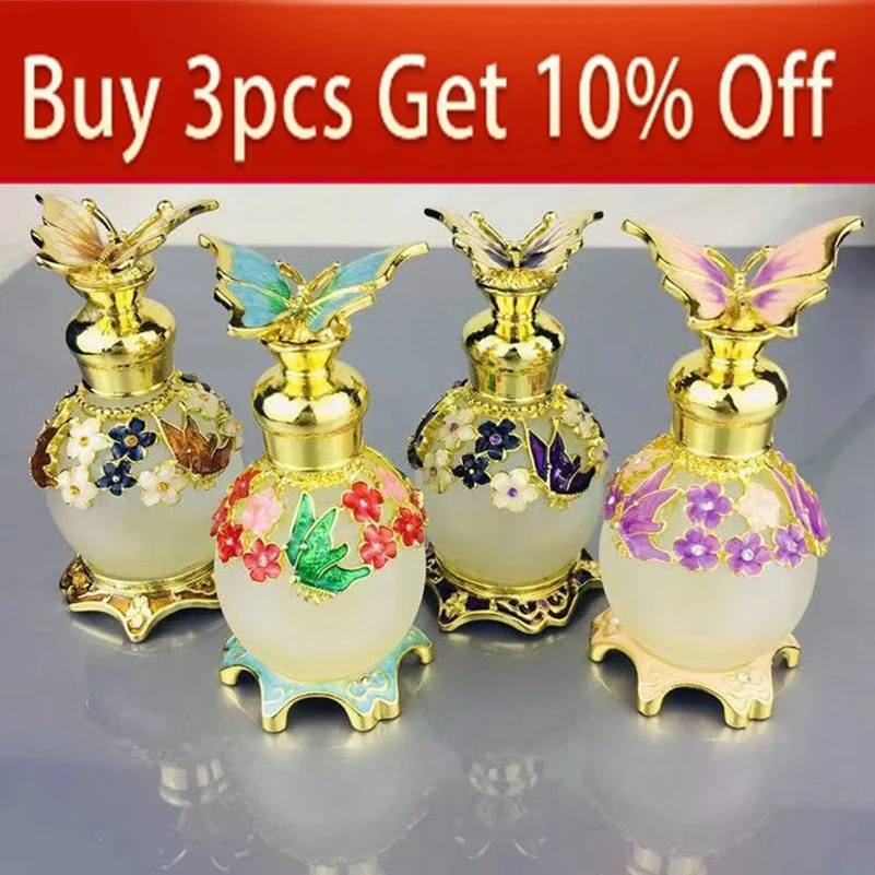 

4 Color Gold Butterfly Perfume Bottle Retro Glass Empty Refillable Essential Oil Container Home Wedding Decor Lady's Gift