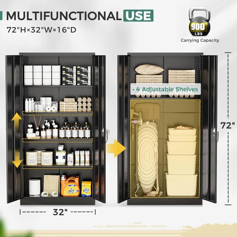 Gabinete de almacenamiento, gabinete con cerradura de acero para garaje negro de 72 pulgadas con puertas y 4 estantes ajustables Gabinete alto para archivos y herramientas con cerradura