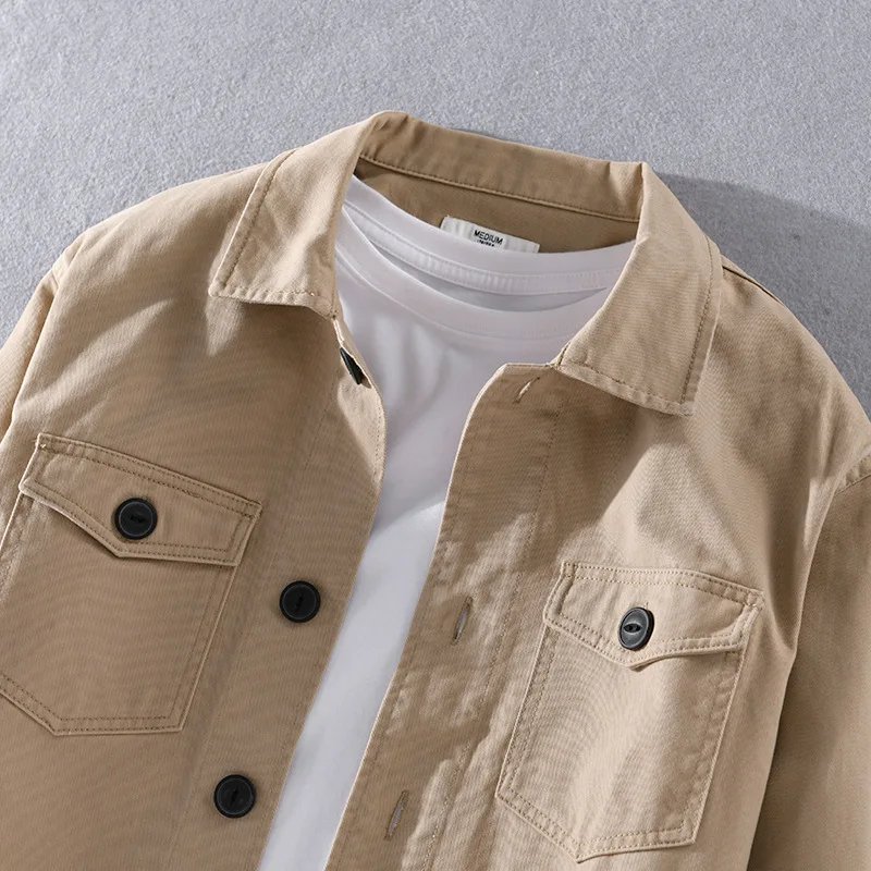 100% Cotton Tooling Japanese Jacket, New Coat Men\'s Long Sleeve Khaki Shirt, Casual Cotton Comfortable Thick Shirt camping