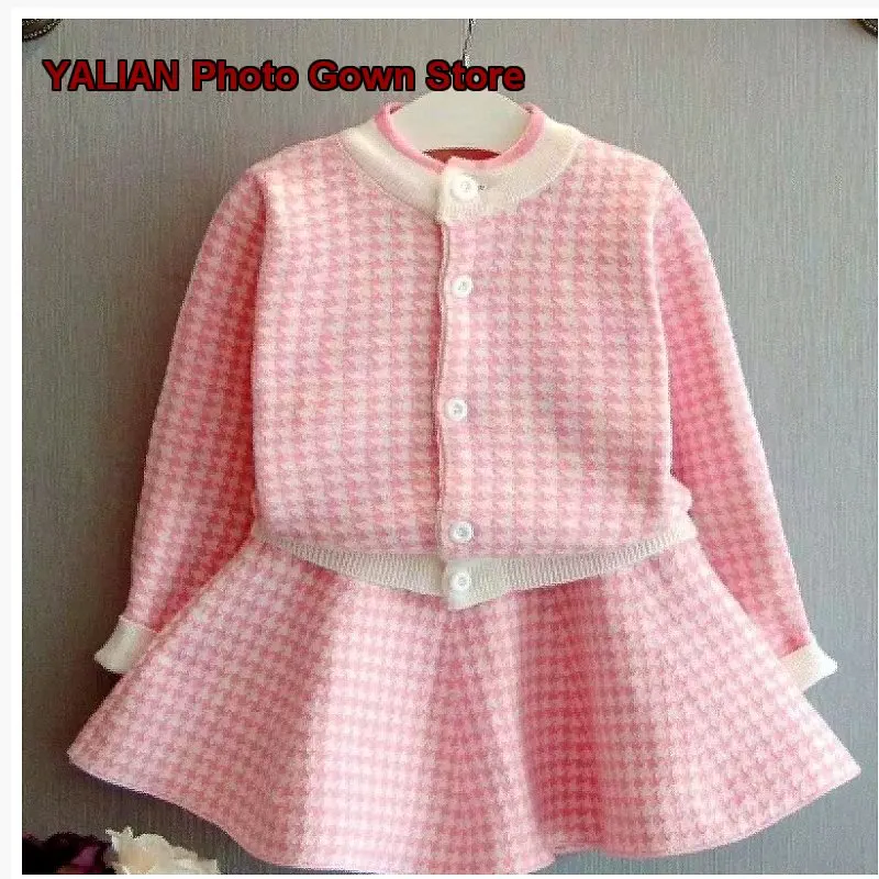 Girls Western Style Two-Piece Set 2022 Spring Autumn Houndstooth Knit Dress and Skirt for Girls Kids