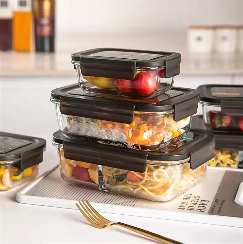 Microwave Special Glass Lunch Box Fresh-keeping Box Separated Heat-resistant Lunch Bowl with Lid Family with Rice Sealed