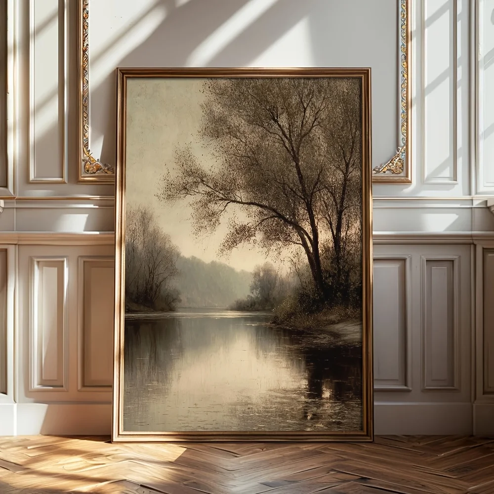 No Framed Vintage Dark Moody River Tree Retro Canvas Poster | Vintage Landscape Countryside Wall Art Print, Rustic Painting f
