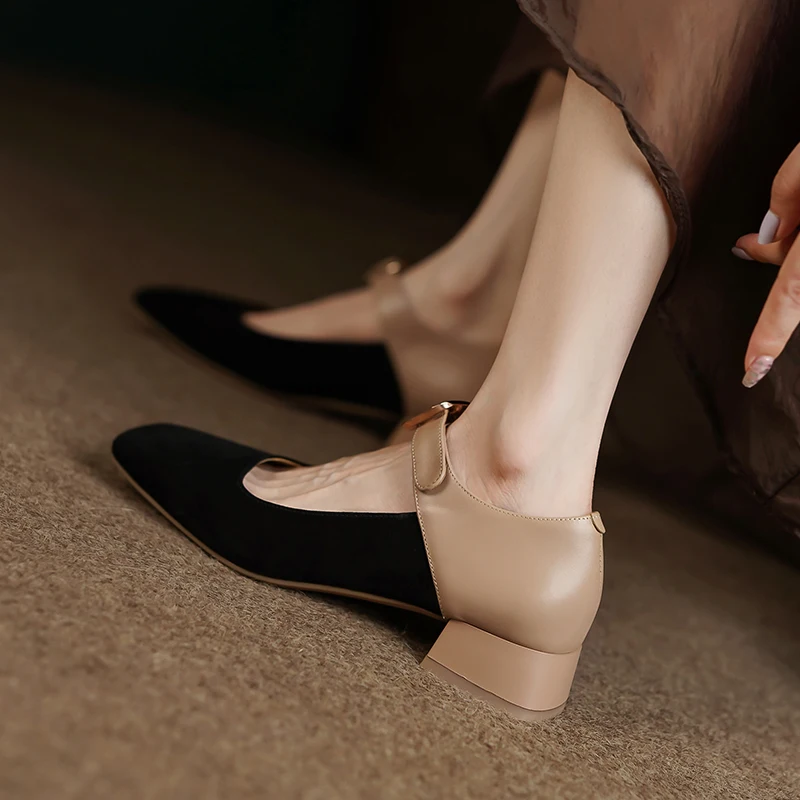

2022 Women Shoes Kid Suede Spring/autumn Shallow Slip on Pumps Square Toe Square Heel Women Shoes Heels Shoes for Women Retro