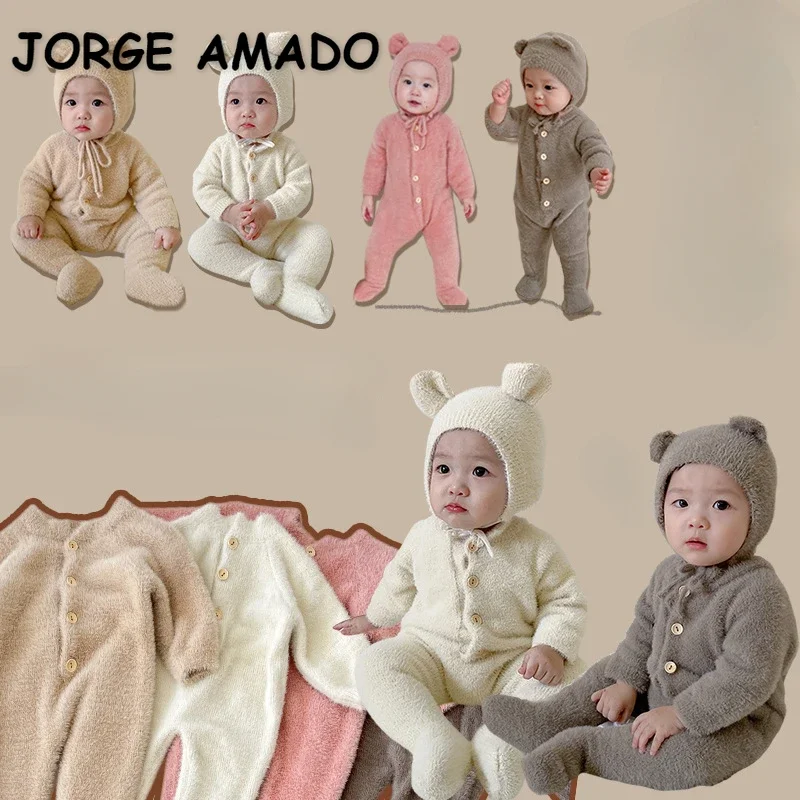 Autumn Infant Footies Rompers Baby Boys Girls Solid Color Soft Elastic Plush Jumpsuit with Cute Warm Hat Newborn Clothes H22Q30