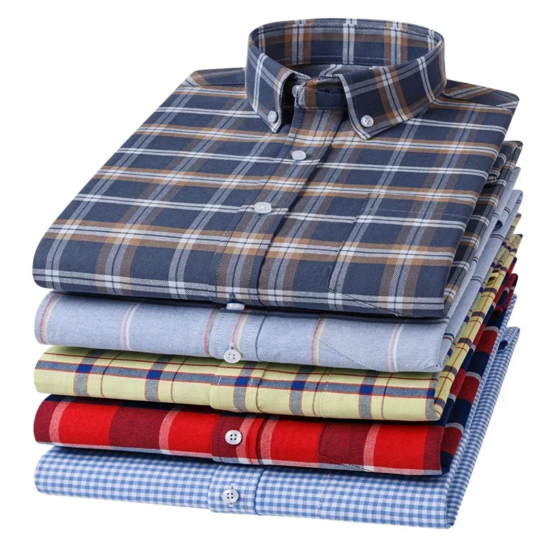 

2024 Men Casual 100% Cotton Thick Oxford Long Sleeve Plaid Shirt for Man White Checkered Male Clothing
