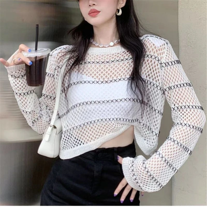 Mesh O-Neck for T Shirt Women Loose See Through Stripe Knit Fishnet Crop Top Cov N7YF