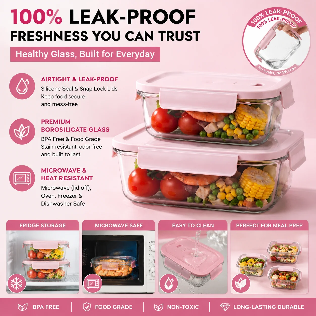 Meal Prep Glass Containers With Lids - Contenants de stockage alimentaire en verre