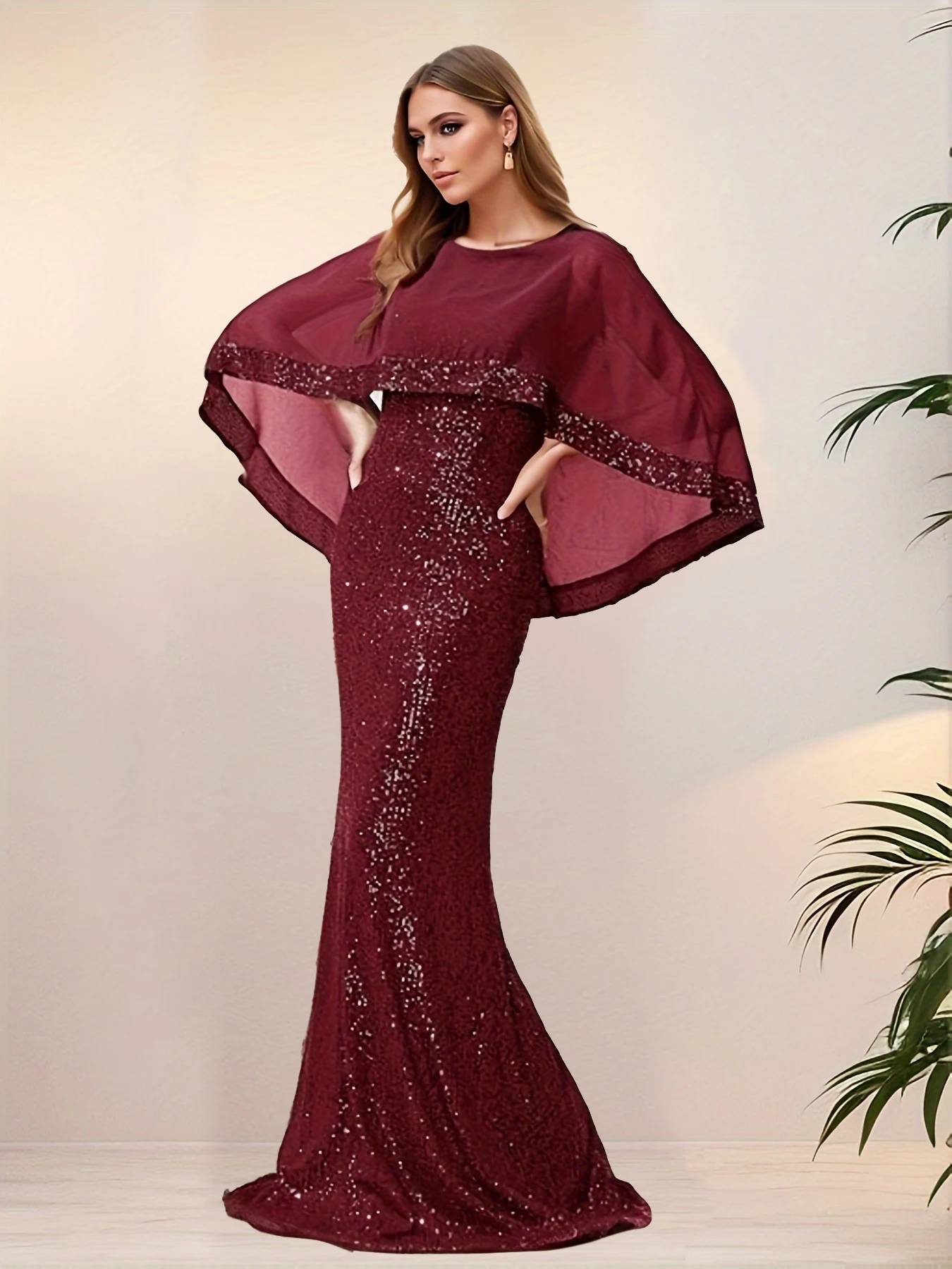 Batwing Sleeve Long Sequined Maxi Dress Patchwork Chiffon Elegant Stretch Evening Party Prom Gown for Women