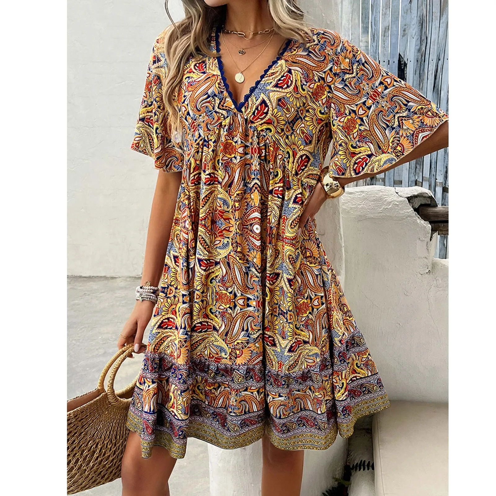 Vestido de verano de rayón con estampado Floral para mujer, traje Midi bohemio, Estilo Vintage, elegante