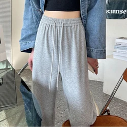 QWEEK Baggy Sports Gray Sweatpants Woman Jogger Wide Leg Casual Pants Jogging Korean Fashion Straight High Waist Loose Trousers