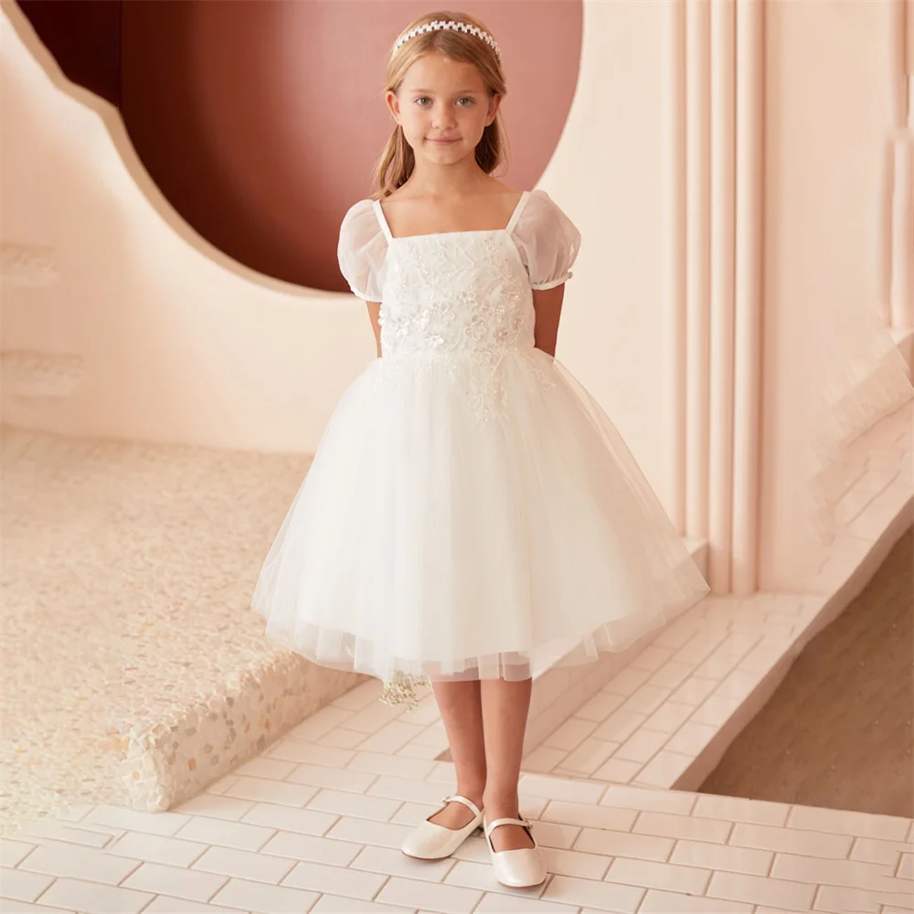 Lace Appliques Square Neck Short Puff Sleeve A Line Pleat Flower Girl Dress Tea Length Bow Elegant Communion Gown For Girl