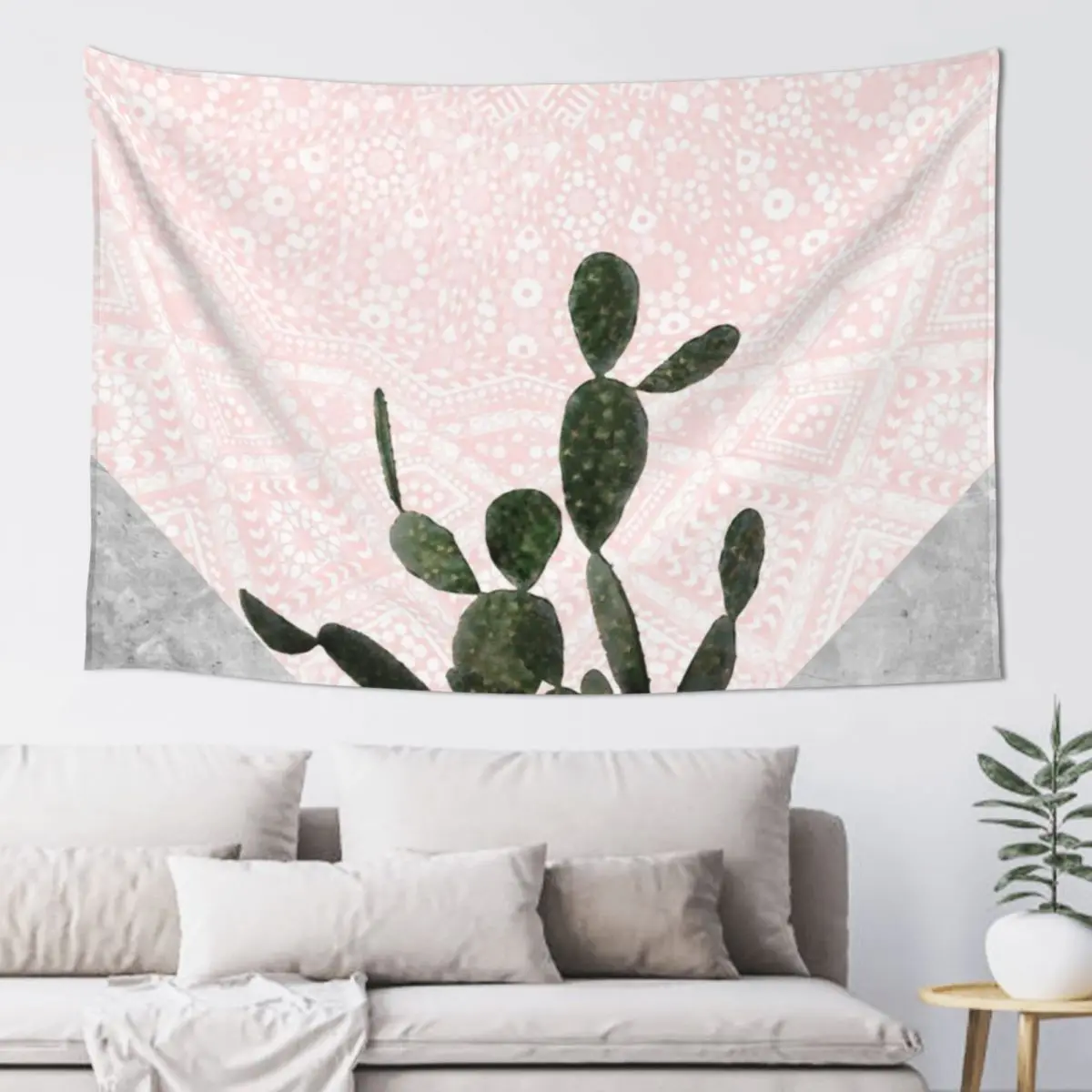 

Cactus Plant on Pink Persian Mosaic and Gray Concrete Wall Tapestry Wall Coverings Things To Decorate The Room Tapestry