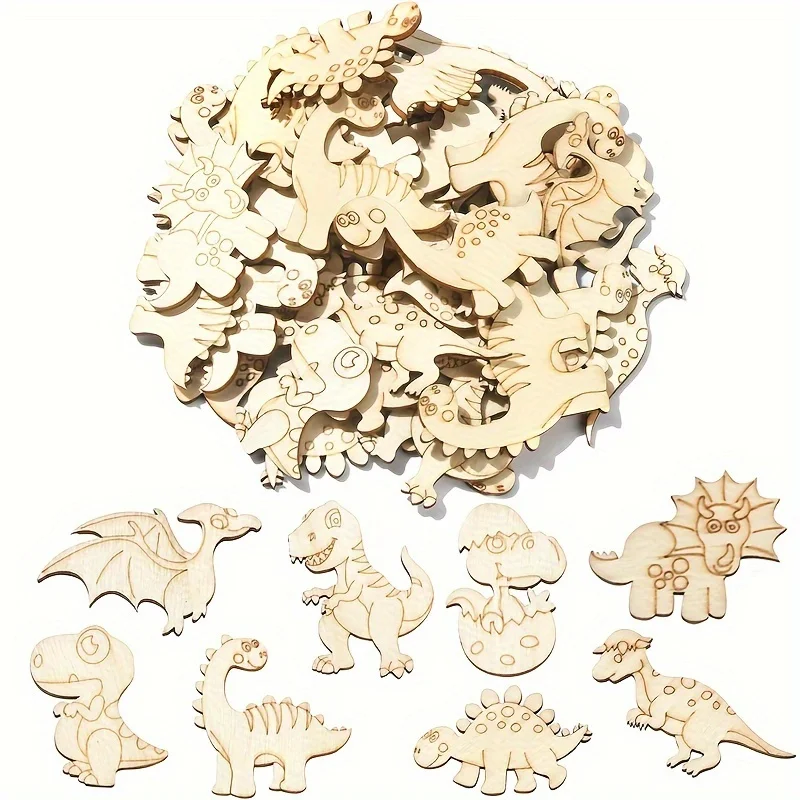 25Pcs Random  Wood Cutouts Wooden Dinosaur Animal Cutouts Dinosaur Paint Crafts for Home Decor Ornament