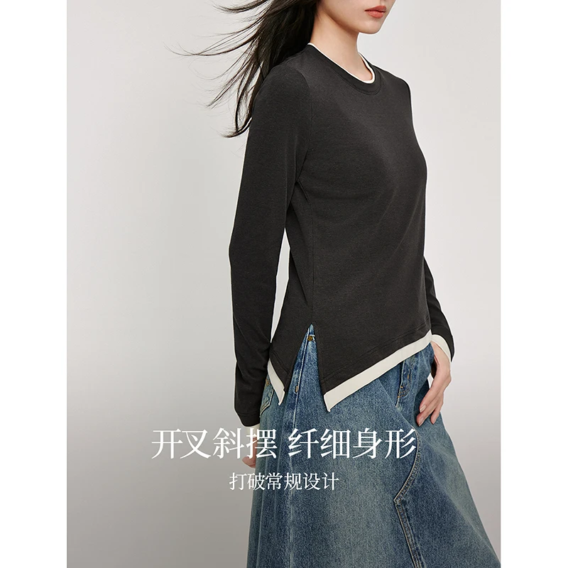 INMAN 2024 Autumn T-shirts Casual Women's clothing Contrasting design splicing Round neck long-sleeve Tops