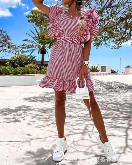 

Women's Elegant Dress 2024 Spring Summer Latest Sexy V-Shaped Collar Red Stripe Ruffle Lace Mini Dress Short Sleeved Short Skirt