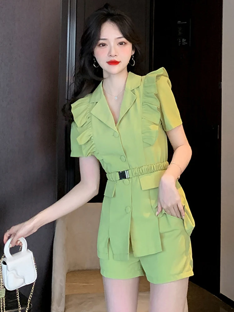 Summer Korean Style Elegant 2 Piece Outfits Women Sweet Ruffles Belt Tops Blouse Blazer Shorts Pants Sets Streetwear Office Lady