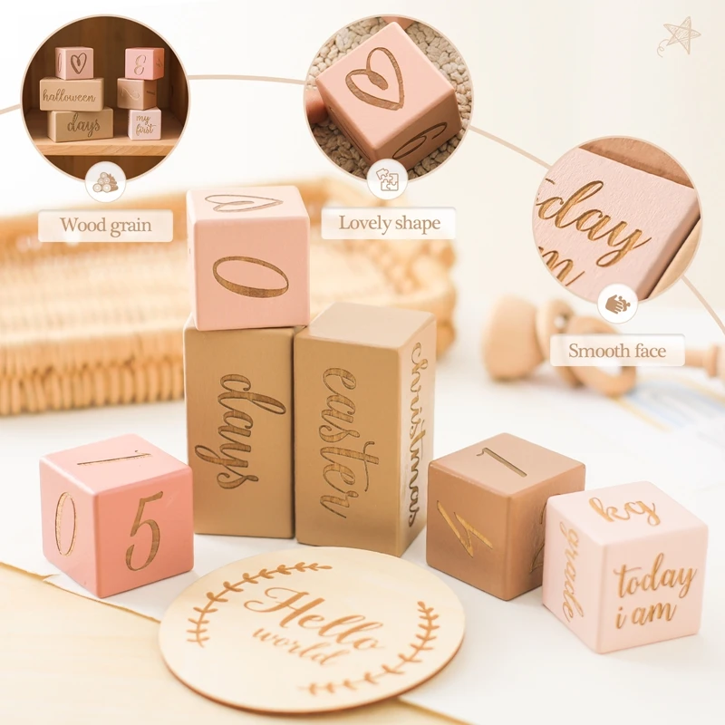 1set Wooden Baby Milestone Block Girl Boy Baby Birth Month Number Commemorative Milestone Souvenir Newborn Photo Accessories