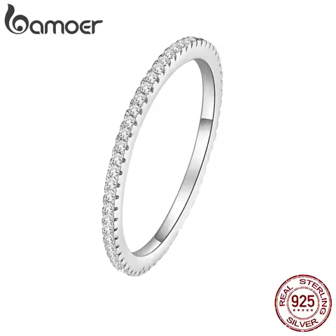 BAMOER White Gold Plated Solid 925 Sterling Silver CZ Simulated Diamond Stackable Ring Eternity Bands for Women