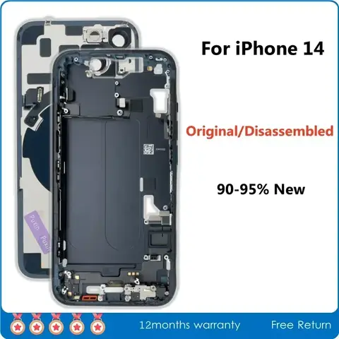 90% 새 제품, NFC 무선 충전기 어셈블리가 포함된 iPhone 14용 원래 분해된 중간 프레임 하우징 후면 유리 커버