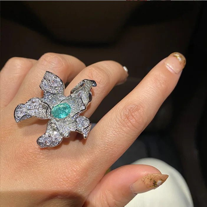 Flower Stamen Blooming Open Ring Tide Light and Luxury Versatile ins Diamond Setting Temperament Girl Ring