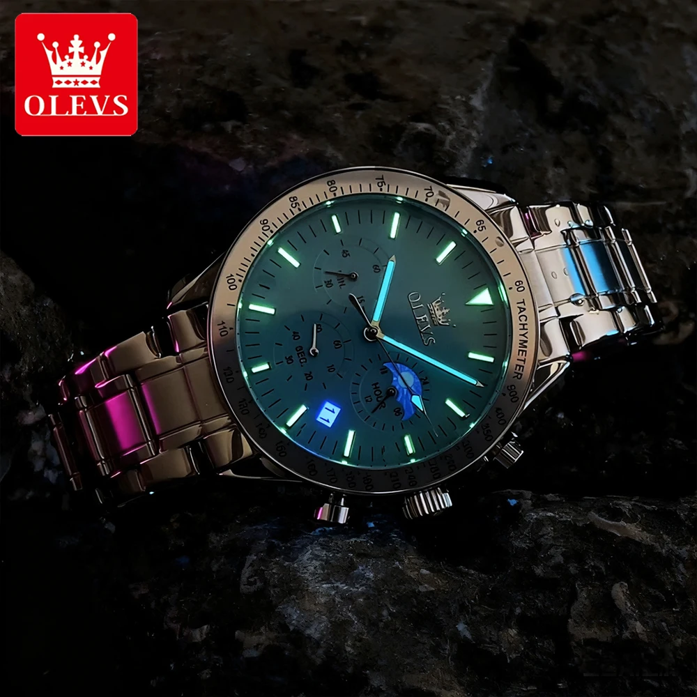 ساعات OLEVS الفاخرة للرجال من الفولاذ الناعم، ساعة يد كوارتز أصلية للرجال مقاومة للماء، كرونوغراف لمرحلة القمر