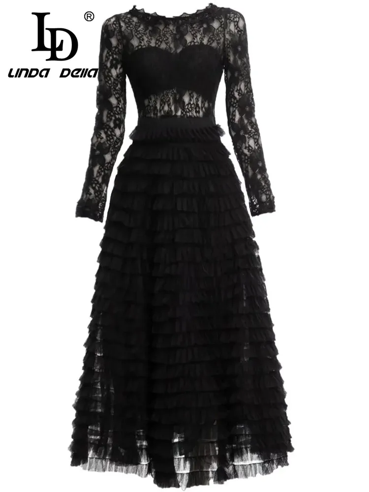 LD LINDA DELLA Fashion Runway Autumn Winter Dress Women's O Neck Hollow out Long sleeve Balck Party Elegant Long Cake Dresses