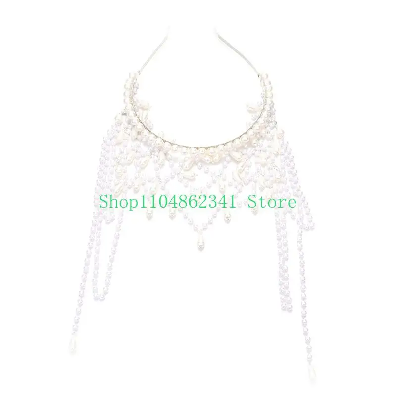 

652F Modern Sparkling Pearls Headbands Hair Jewelry Bridal Headpieces Party Full Pearls Tassels Eye-catching Hair Jewelry