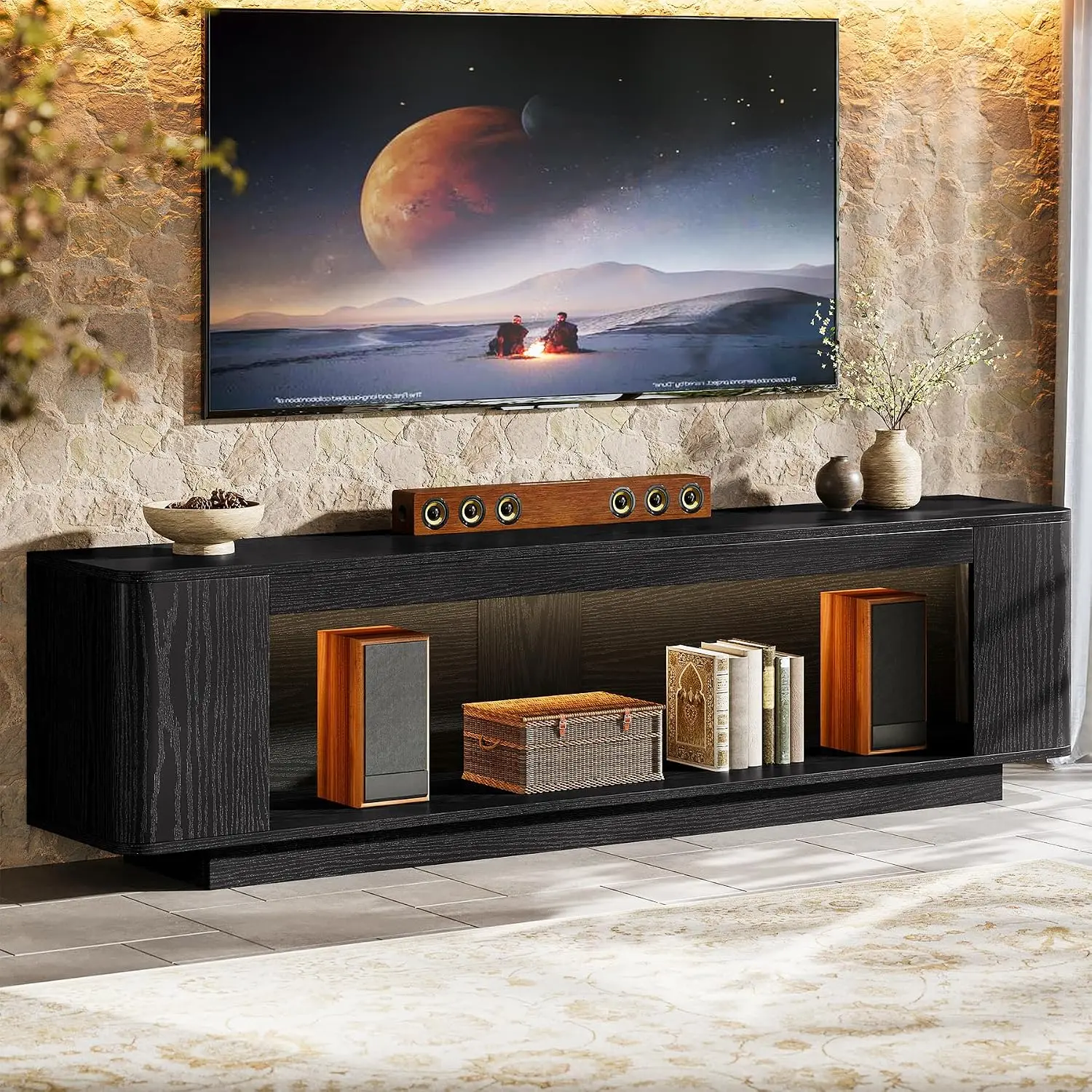 70.9-Inch TV Stand with LED Light Strip, Farmhouse Entertainment Center for 65/70/75/80-Inch TVs, Extra Long, Customized