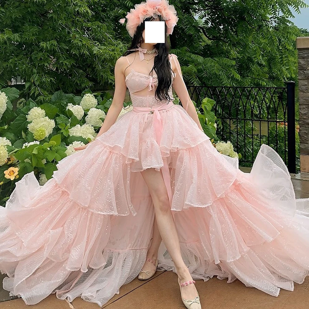 CustomizedElegant Luxury Evening Dress 2024 Bow Spaghetti Strap Solid Color Crystal Tulle A-Line Ruffles Ribbons Zipper Back Pro