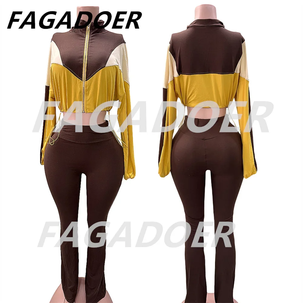 FAGADOER Color Block Street 2 Piece Set Outfit Casual Zip Drawstring Crop Top + High Waist Flare Pants Suit Autumn New Activwear