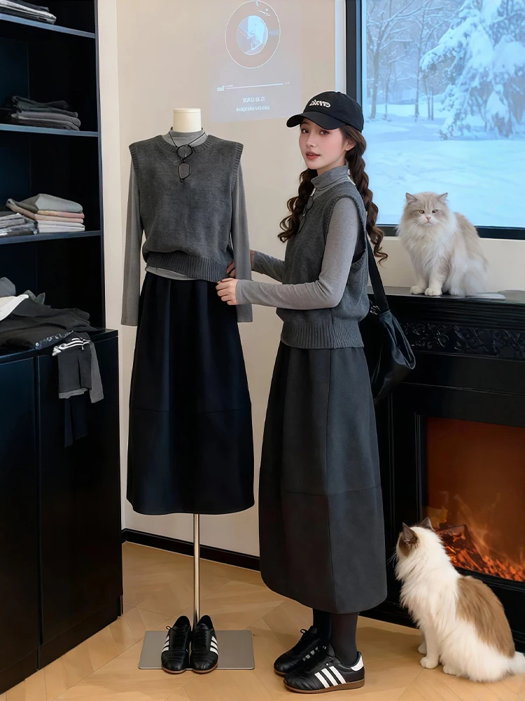 

plus Size Winter Faion Korean Sle Layered Knitted Vest And Bloomer Skirt Tee Piece Set for Women Warm Casual Outfit