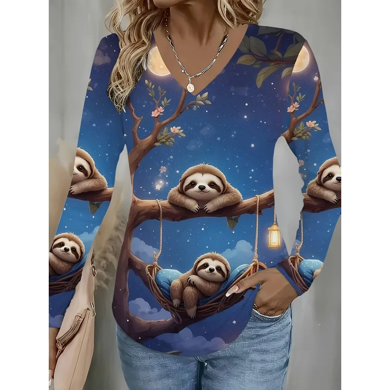 Cute Sloth Print Women's Casual Long Sleeve V-Neck T-Shirt Night Sky And Trees Pattern Suitable For Autumn Winter Season Gift Fo