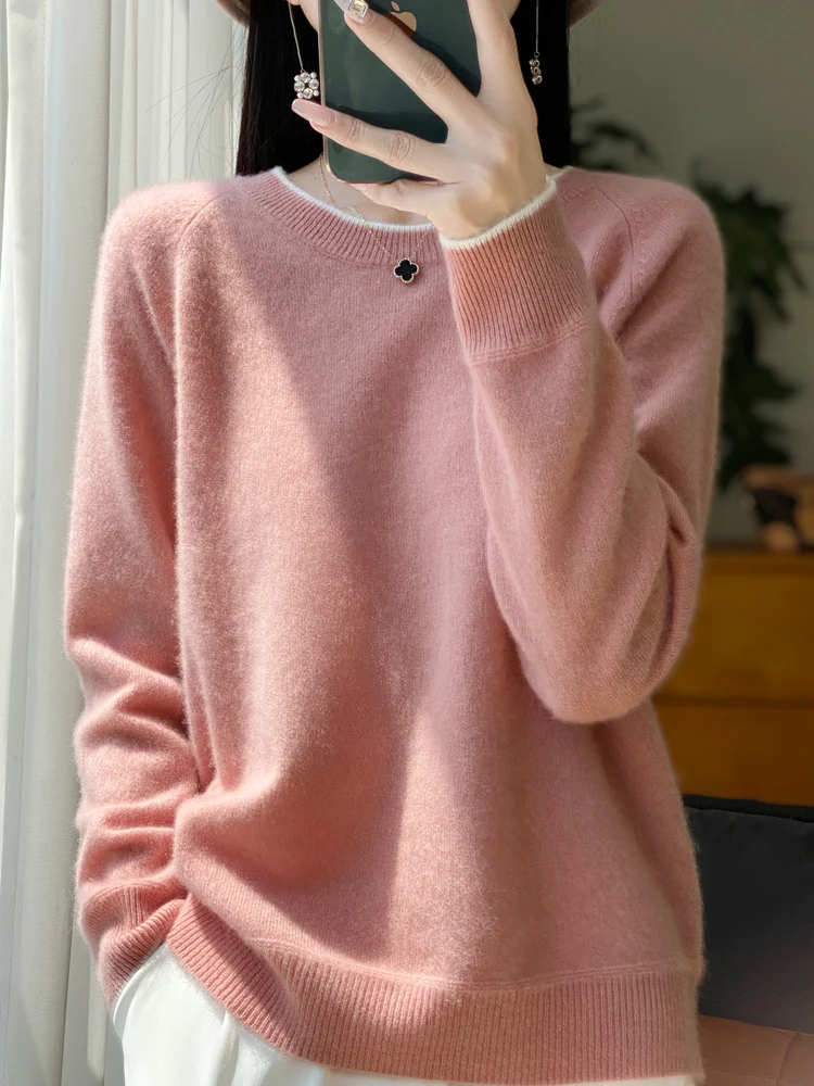 

Autumn Winter Women Pullover Contrast Color Cashmere Sweater 100% Merino Wool O-Neck Knitwear Female Grace Soft Casual New Top