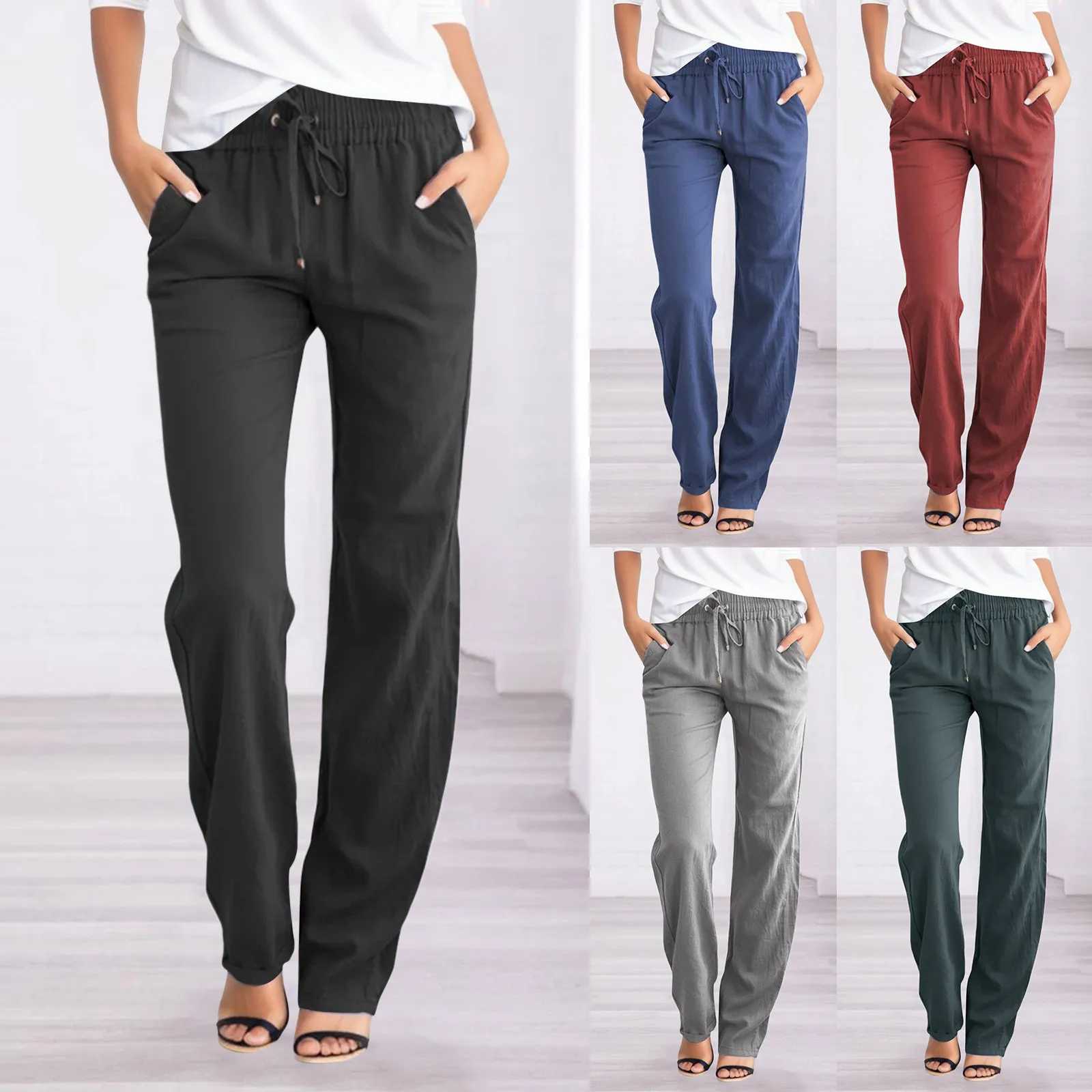 Spodnie bawełniane dla kobiet Solidne proste spodnie w talii i długie damskie Casual Sznurek Elastyczna talia Casual Comfort Pants