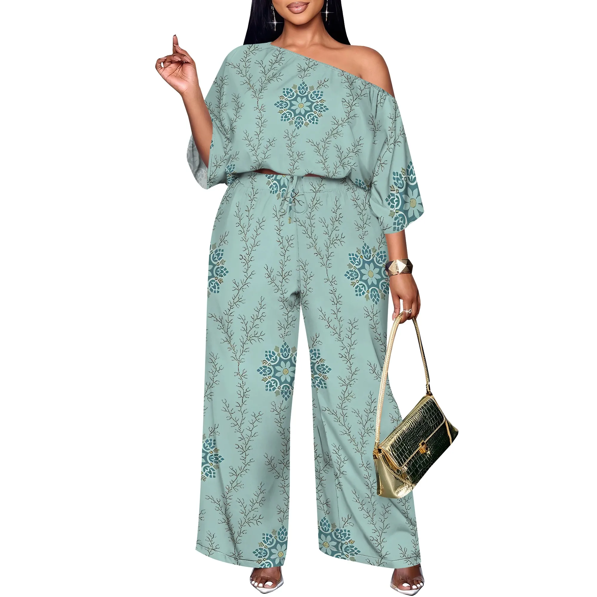 Nupusa Floral Mandala Print Two - Piece Set for Women Summer Boho Off - Shoulder Wide - Leg Outfit